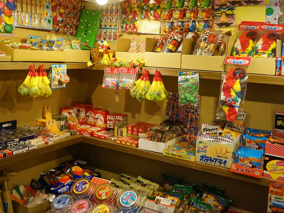 Shelves of Japanese confectionery and snack packages